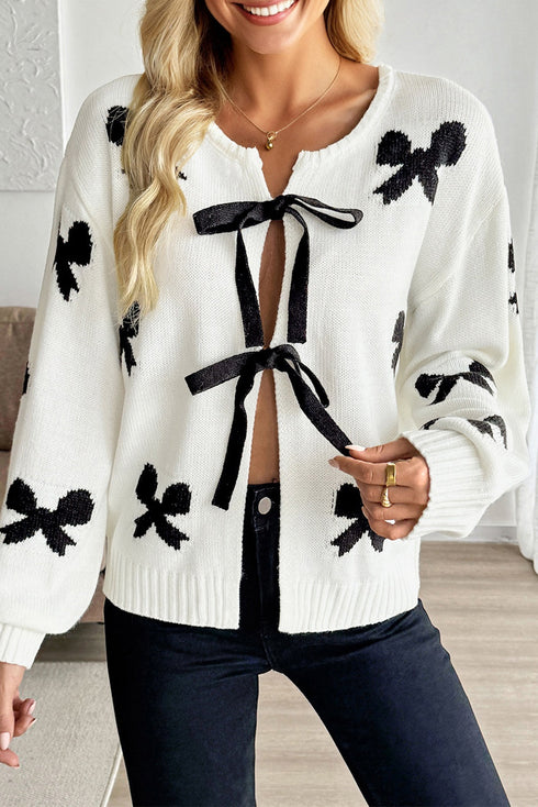 Ribbon Tie Front Bow Jacquard Knit Cardigan